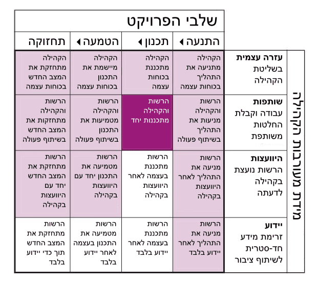 מידת מעורבות הקהילה (הלקוח) בתכנון ביחס לשלבי הפרוייקט